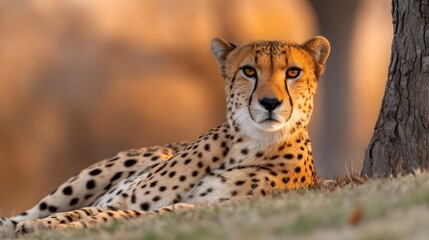 A cheetah resting under trees in golden hour light. long_title:A majestic cheetah resting in the grass, alert and watchful, surrounded by trees and