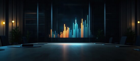 A conference room with a large screen displaying a colorful bar graph in a dimly lit environment