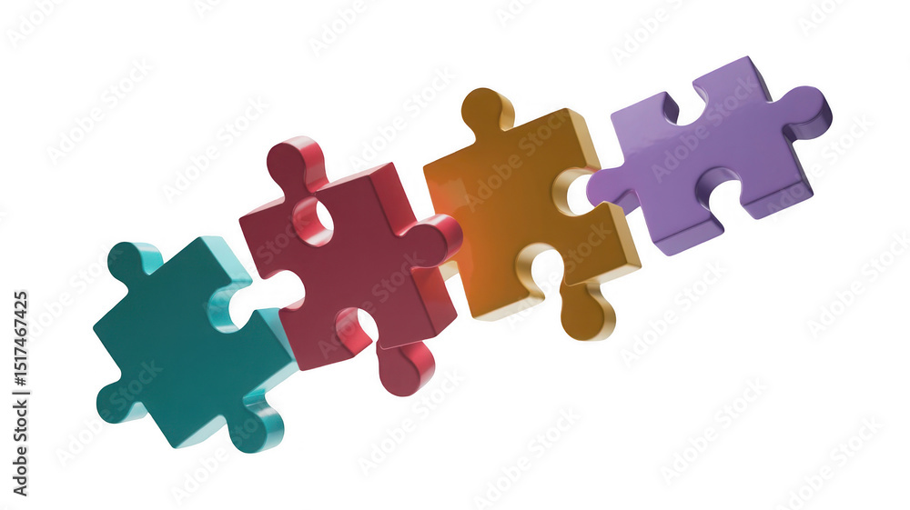 Poster four colorful puzzle pieces are connecting together on a transparent background, representing concep