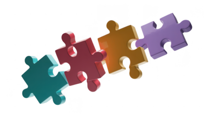 Four colorful puzzle pieces are connecting together on a transparent background, representing concepts like teamwork, problem solving, and finding solutions