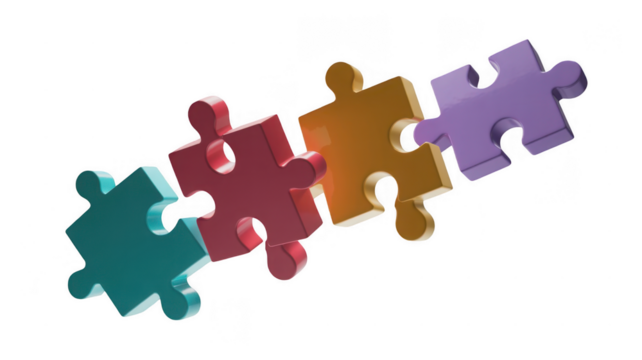 Four colorful puzzle pieces are connecting together on a transparent background, representing concepts like teamwork, problem solving, and finding solutions - Powered by Adobe