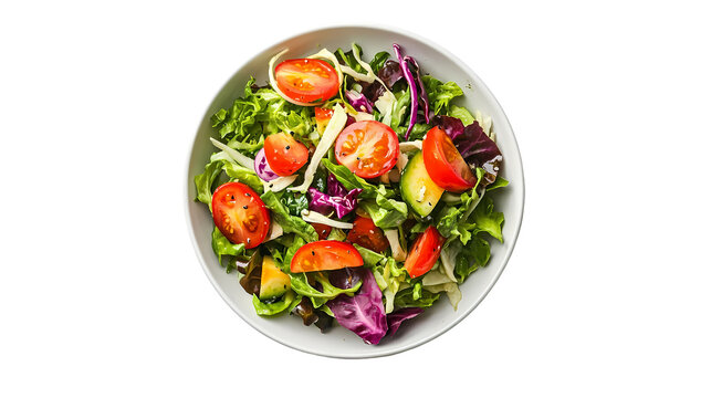 A top view of a salad with lettuce tomatoes and other greens in a white bowl isolated on transparent background