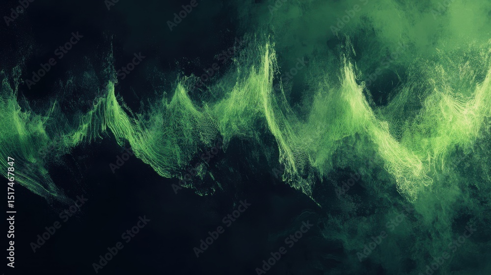 Poster green abstract particles forming wave-like patterns in darkness