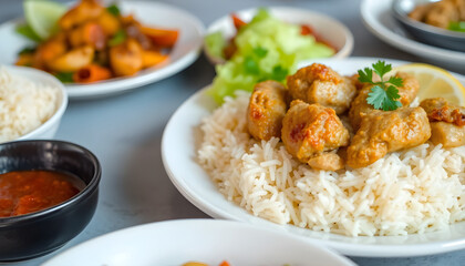 Plate of rice with chicken and various side dishes