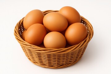 A full wicker basket containing several fresh brown eggs ready for cooking and breakfast on a white surface.