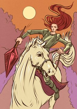 Galloping Valor &ndash; Medieval Woman Knight in Motion at Sunset