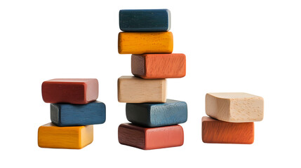 A close up of colorful wooden blocks stacked in three piles  in shot isolated on transparent background