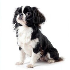 Adorable black and white long-haired Chihuahua puppy sitting with alert expression on a plain white background