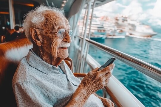Elderly man using smartphone while sitting on a cruise ship enjoying seaside view during daytime