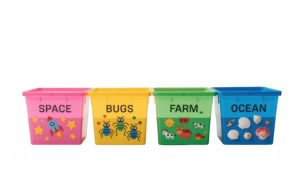 Four colorful plastic storage boxes, labeled for space, bugs, farm, and ocean themes, feature matching illustrations and sit against a transparent background for organized play