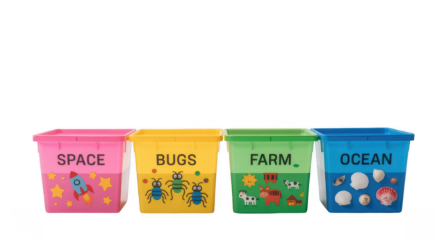 Four colorful plastic storage boxes, labeled for space, bugs, farm, and ocean themes, feature matching illustrations and sit against a transparent background for organized play