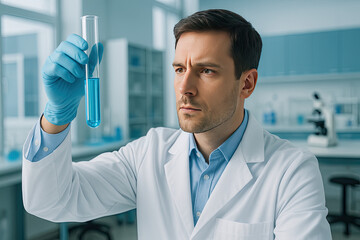 The scientist examining a test tube in a modern laboratory setting.