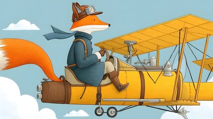 Steampunk fox riding a whimsical flying in the sky.
