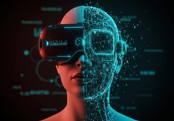 Woman in virtual reality headset. Metaverse with digital connection. Future augmented reality experience, artificial intelligence, and cyber world concept.