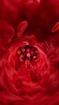 Red blood cells in artery. Vertical looped video. 3D rendering