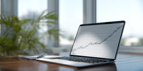 A laptop displaying a financial graph sits on a wooden desk near a plant and a bright window light