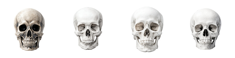 Realistic human skulls showcasing textures in aging and pristine forms, ideal for Halloween themes, anatomy studies, and artistic representations of mortality