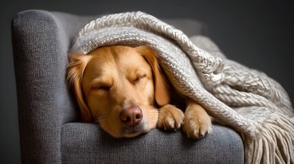 Sleeping dog curled up on a cozy armchair under a soft blanket