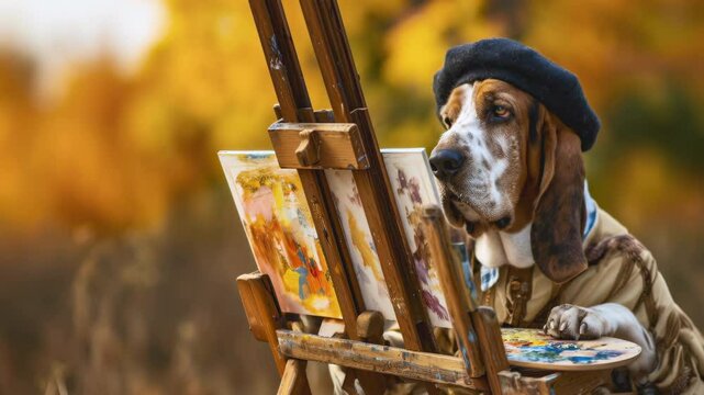 basset hound in retro style of impressionist artist, funny dog ​​in vintage coat and beret painting outdoors, camera slowly zooms in on dog artist, idea of ​​creativity and humor