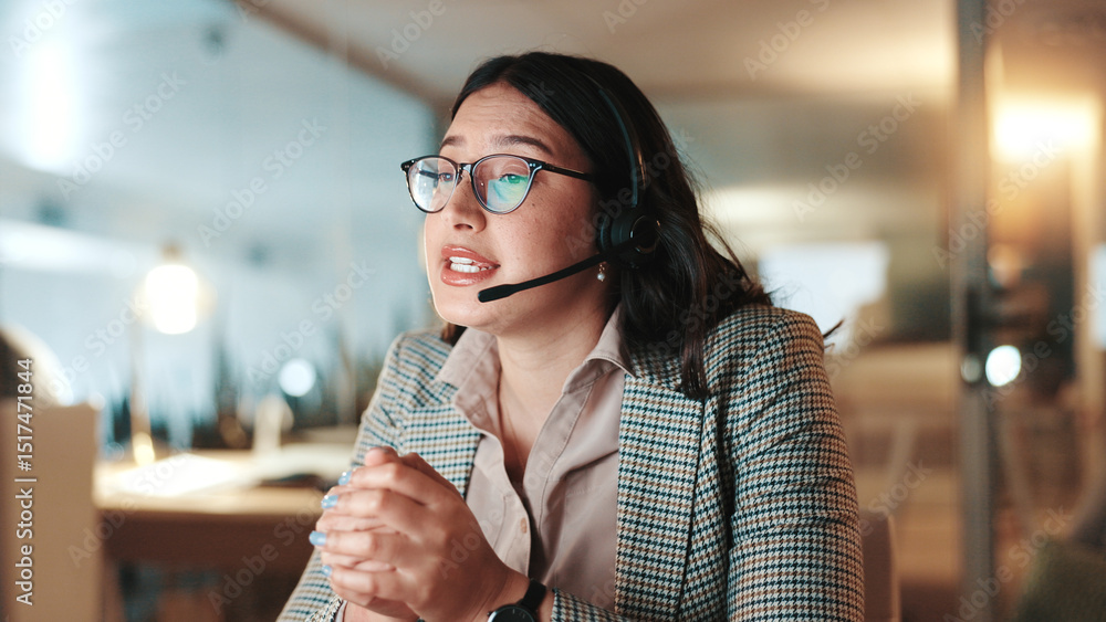 Poster contact us, explain and headset with woman in call center for assistance, help or support at night. 