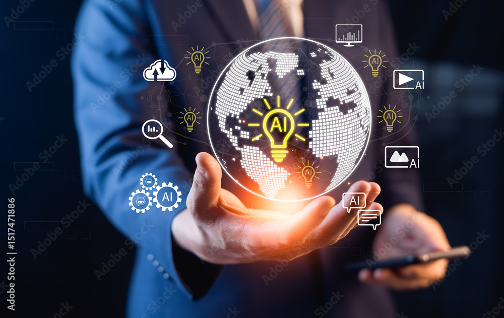 Poster businessmen holding the globe and have lamp with ai represents a modern innovation with ai entering 