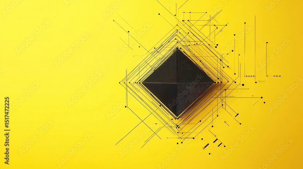 Poster abstract dark square object with lines and dots on yellow background