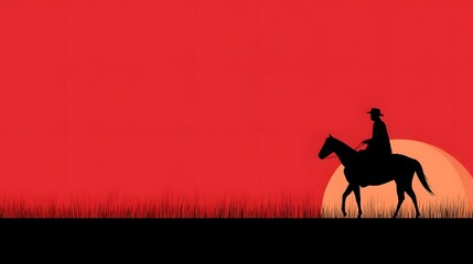 Cowboy riding horse silhouetted against a vibrant sunset