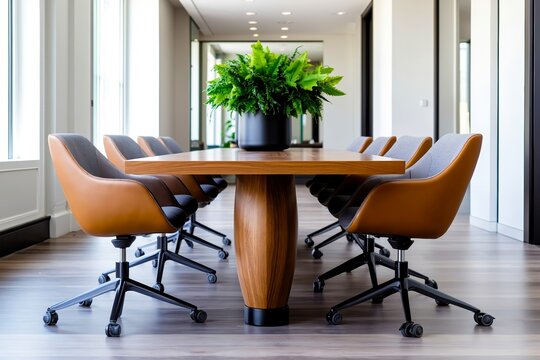 A conference room with a wooden table and chairs