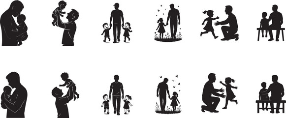 Father and Child Bonding Silhouettes, Dad Spending Quality Time with Kids, Parenthood and Family Love Concept