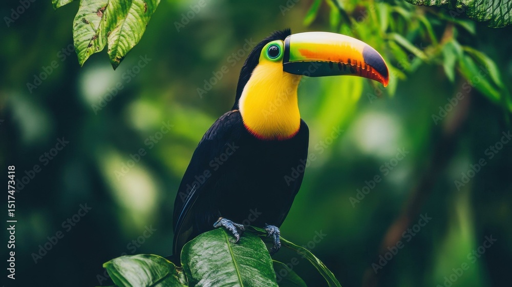 Poster toucan perched on branch in vibrant rainforest during daytime