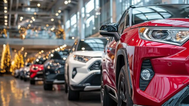 In a vehicle dealership, red and white SUVs are parked on the showroom floor.
