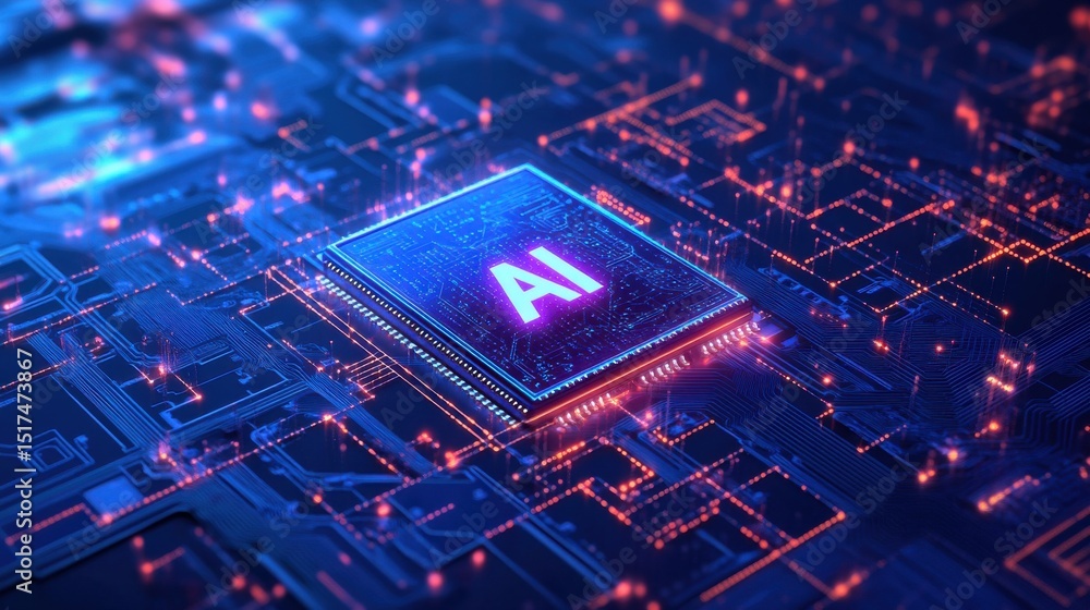 Poster microchip displaying ai in digital circuit board at night