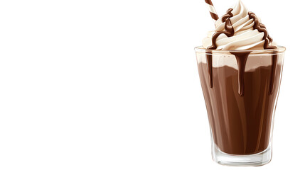 A glass of chocolate drink with whipped cream and chocolate syrup on top with a striped straw in it isolated on transparent background