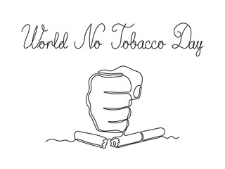 World no tobacco day. card. Abstract  broken cigarette, fist breaks  cigarette,continuous single line art hand drawing sketch logo