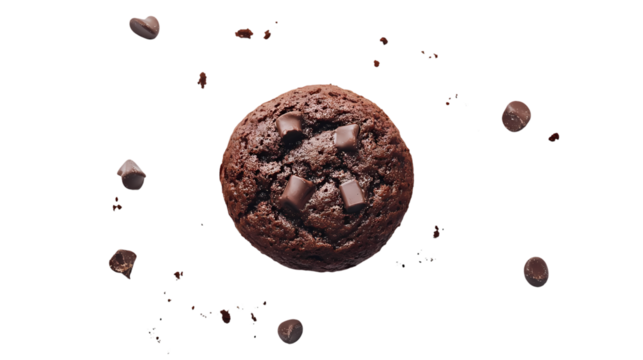 A single chocolate chip muffin with chocolate chunks floating in shot isolated on transparent background - Powered by Adobe