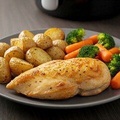 Grilled or roasted chicken breast served with potato wedges, steamed broccoli, and baby carrots on a white plate, healthy meal
