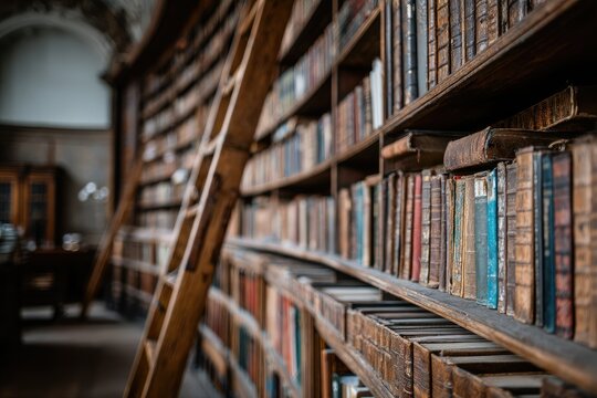 Aged wooden bookshelves filled with many antique books. A wooden ladder leans against the shelves
