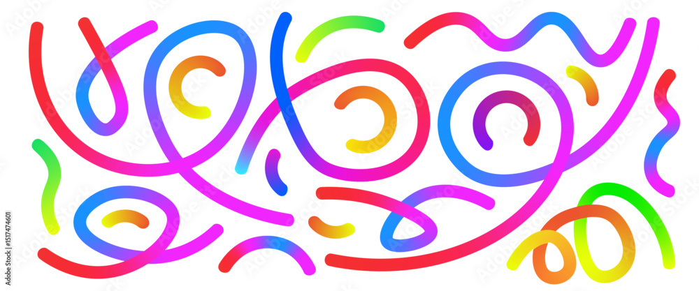 Poster colorful party gradient spiral lines set. wavy abstract long shapes collection. decorative squiggle 