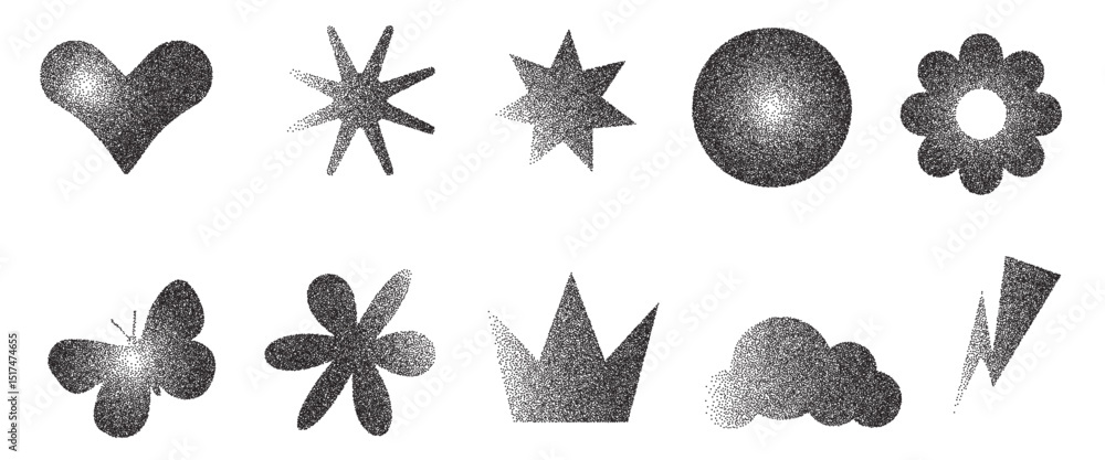 Poster geometric brutalism figures with grain noise gradient texture. y2k abstract retro stippling forms se