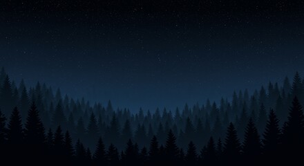 Layers of night forest with starry sky, depth of tree silhouettes.