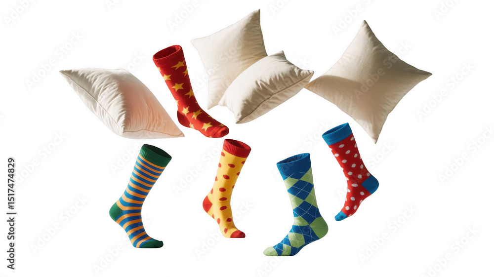 Poster colorful socks with various patterns and white pillows are floating on a transparent background, cre