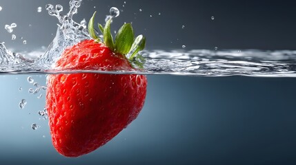 Ripe strawberry splashing into water with dramatic lighting and detail