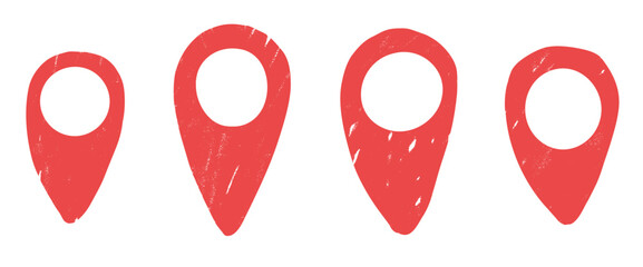 Location map pin grunge textured drawn set. Road pointer hand drawn doodle isolated on white background. Travel destination symbol elements. Vector navigation geo position illustration by pencil.