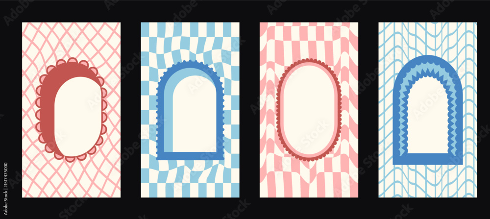 Poster retro social media post with funky frames with groovy checkerboard background. set of fun kid border