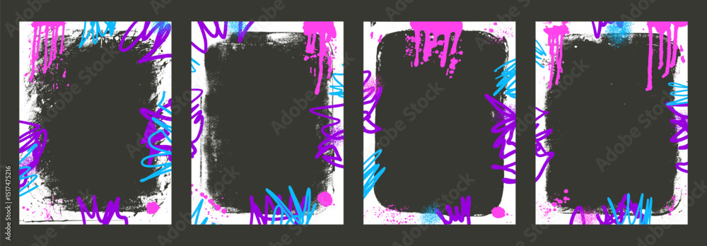 Poster grunge white text boxes set. framework templates with graffiti spread art. mockup backgrounds for ph