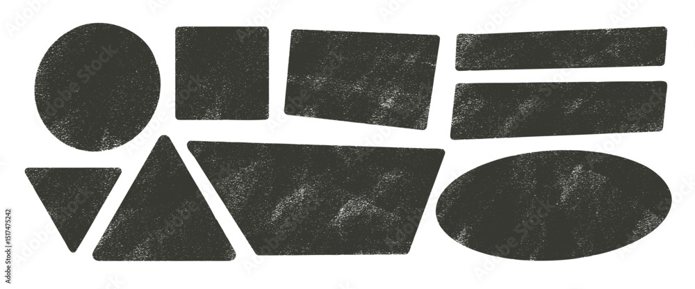 Poster ink grainy brush geometric shapes with noise set. text boxes textured frames pack. trapezium, rectan