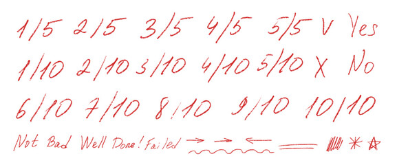 Exam grading marks doodle style set. Five-points, ten point academic system. School test results sings. Teacher scores for student homework. Vector scribble symbols isolated on white.