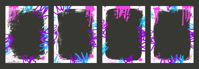Grunge white text boxes set. Framework templates with graffiti spread art. Mockup backgrounds for photo. Border with airbrush lines. Banner overlay with retro texture. Vector illustration.