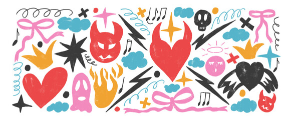 Punk breaking heart multi colors doodles set. Devil and angels wax crayon drawn background. Scribble grunge elements. Hearts, bows, clouds and sketch shapes. Vector illustration by pencil.
