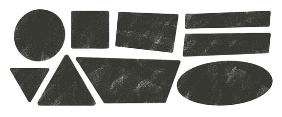 Ink grainy brush geometric shapes with noise set. Text boxes textured frames pack. Trapezium, rectangles, oval and triangles. Vector hand drawn quotation stickers shapes. Grunge simple figures.